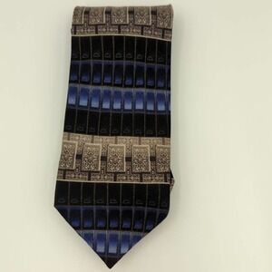 GIORGIO Bissoni 100% Silk Block Pattern Neck Tie Contemporary Black Blue‎ Silver